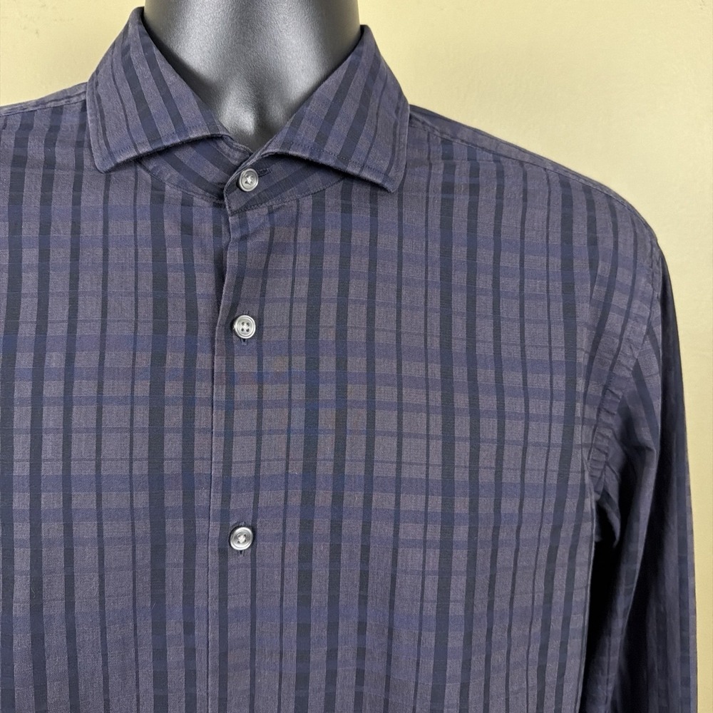 Hugo Boss Shirt Mens 16 41 Blue Prince Dress Button Up Plaid Slim 100% Cotton